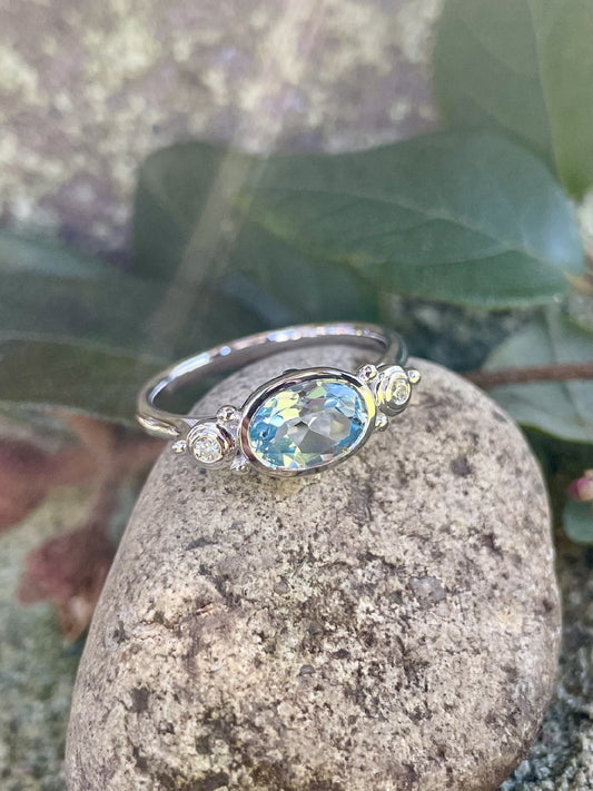 9ct White Gold Blue Topaz & Diamond Ring