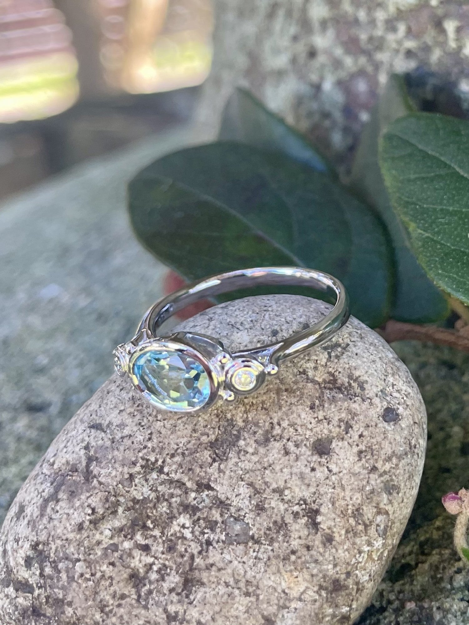 9ct White Gold Blue Topaz & Diamond Ring