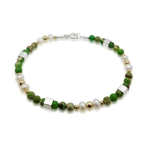 Sterling Silver Gold Filled Green Jasper/Pearl Bracelet DB1537