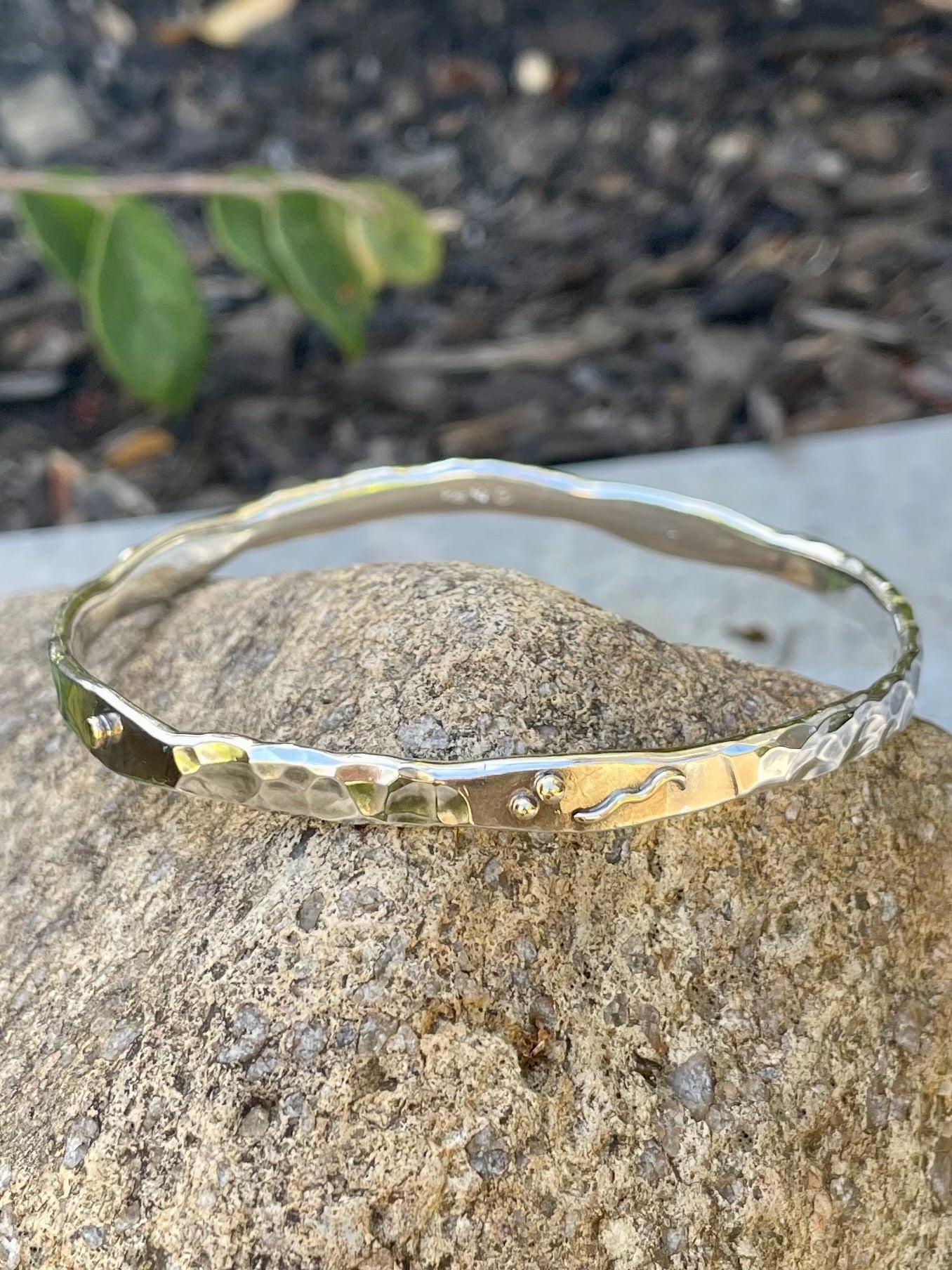 Sterling Silver 9ct Yellow Gold Beaten Deco Bangle