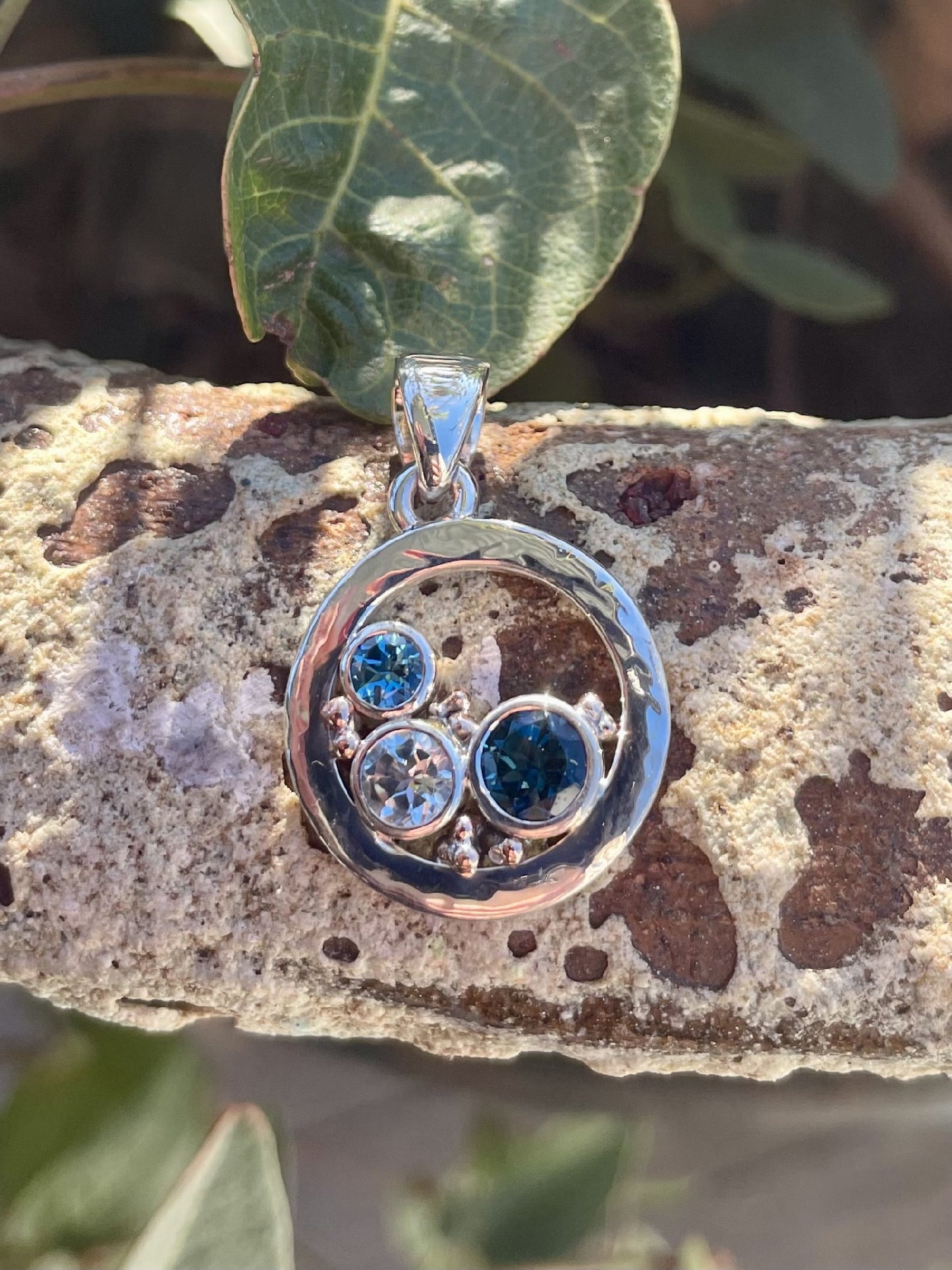 Sterling Silver & 9ct Rose Gold Blue Topaz & London Blue Topaz Pendant