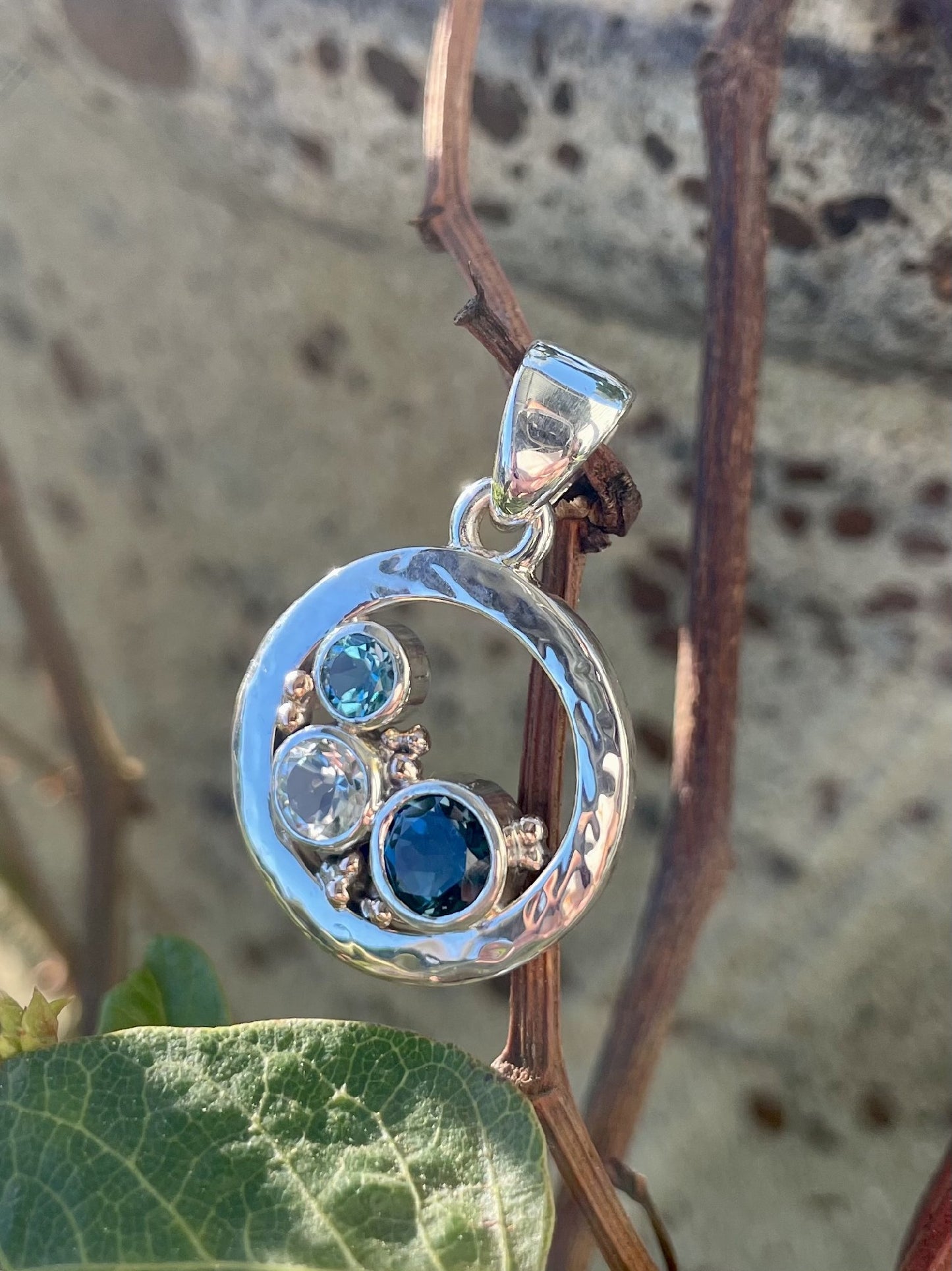 Sterling Silver & 9ct Rose Gold Blue Topaz & London Blue Topaz Pendant