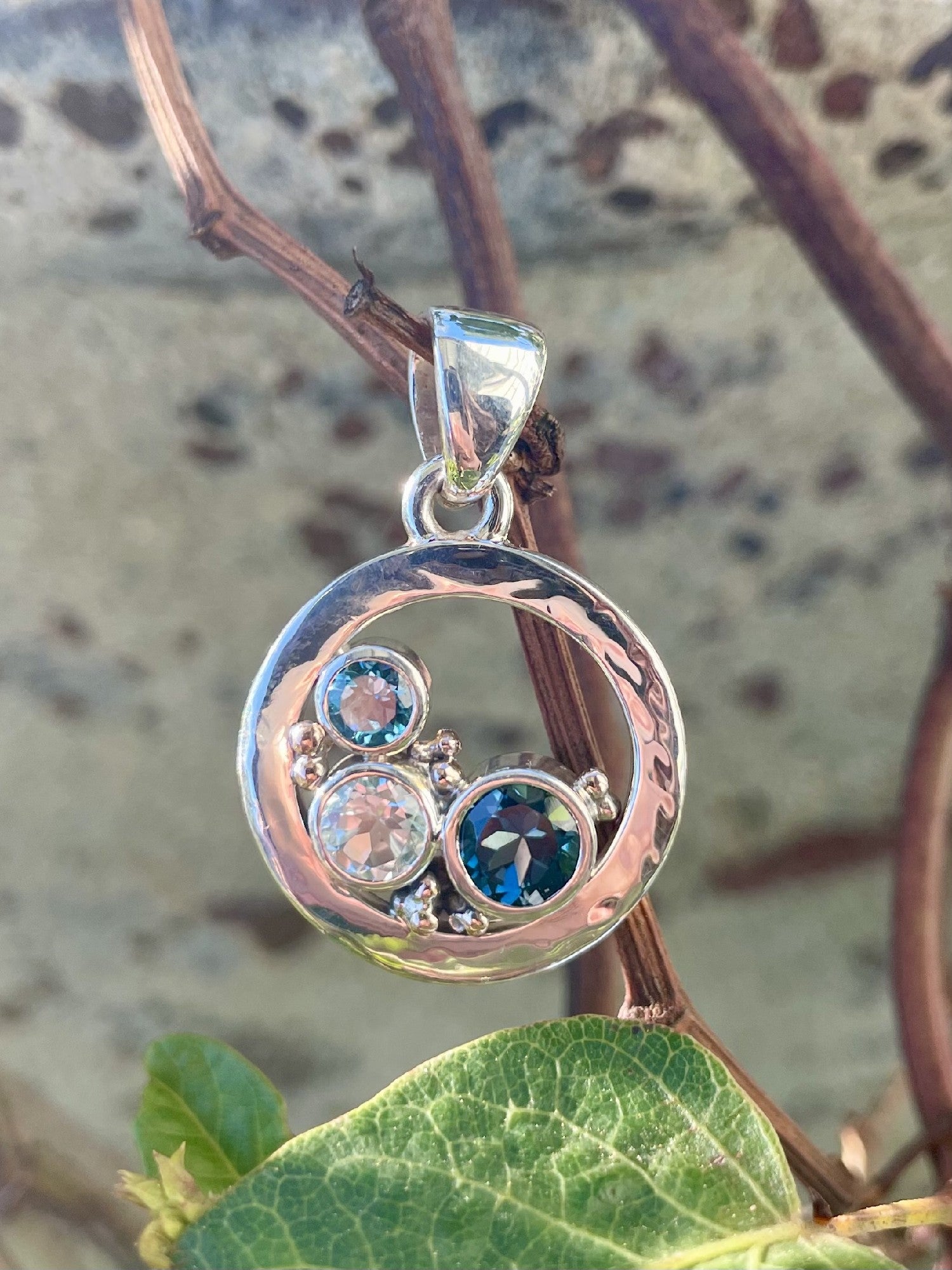 Sterling Silver & 9ct Rose Gold Blue Topaz & London Blue Topaz Pendant