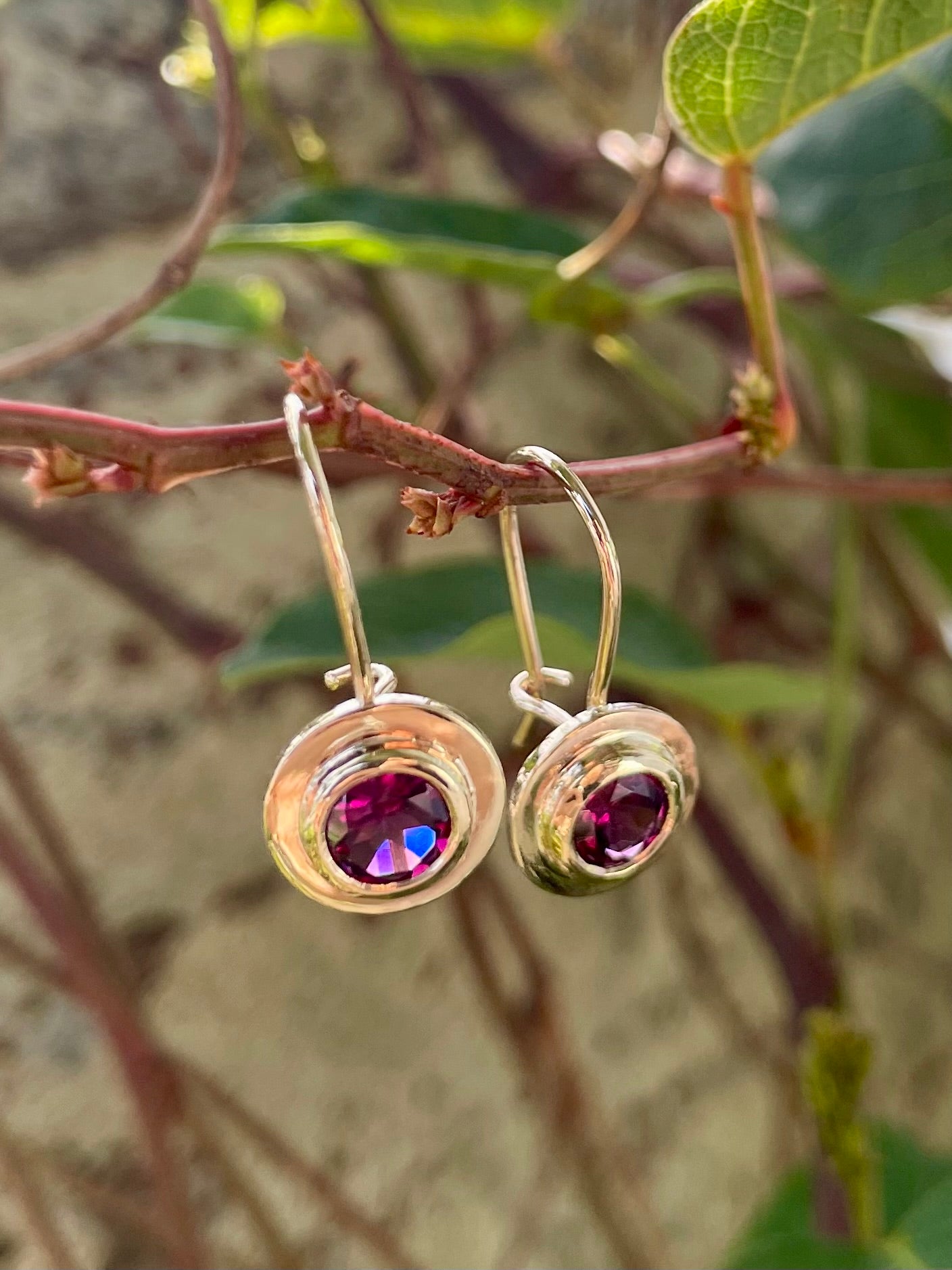 9ct Yellow Gold Rhodalite Garnet Drop Earrings