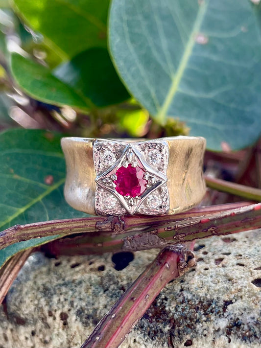 9ct Yellow/White Gold Ruby & Diamond Brushed Ring