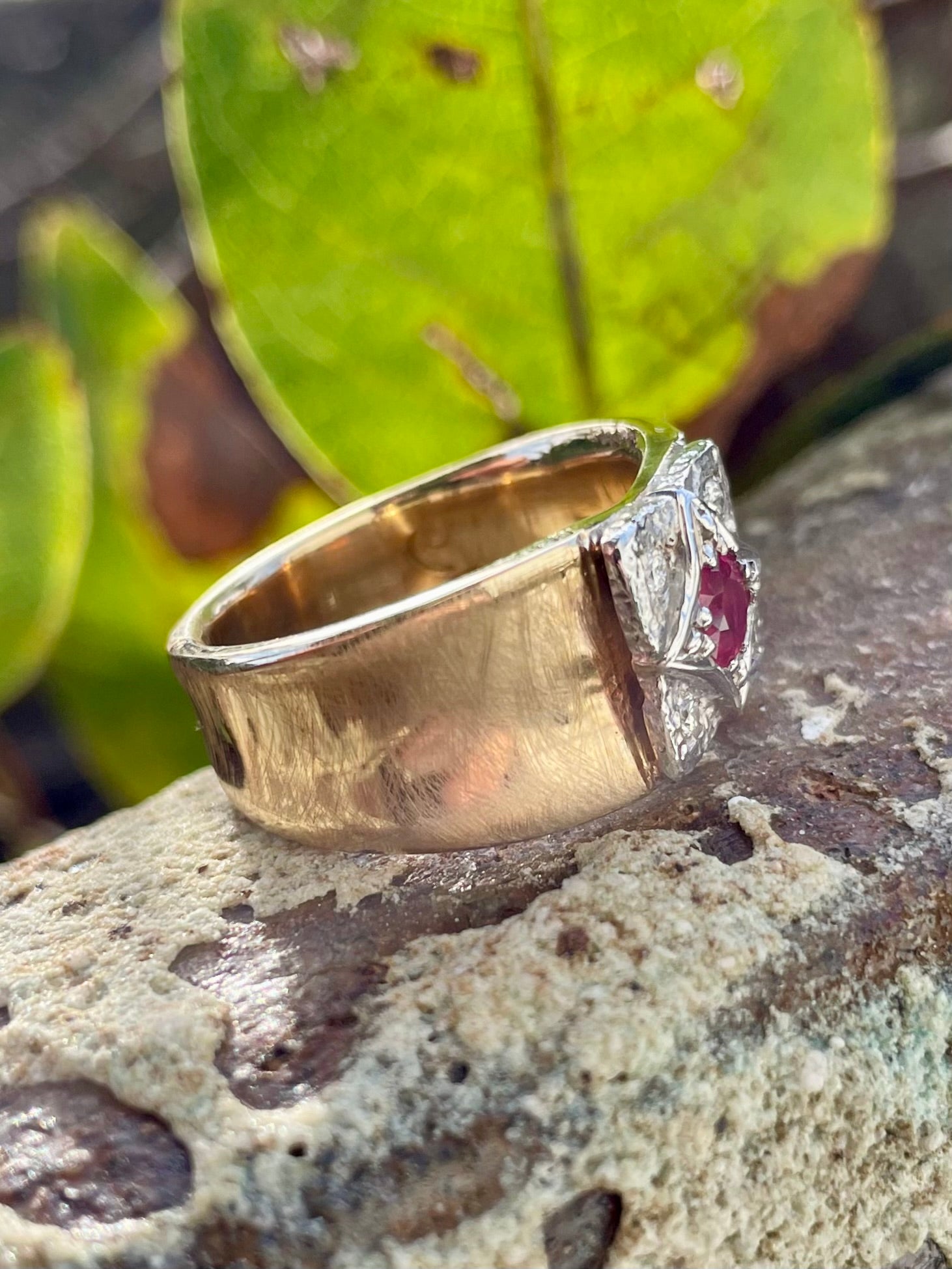 9ct Yellow/White Gold Ruby & Diamond Brushed Ring