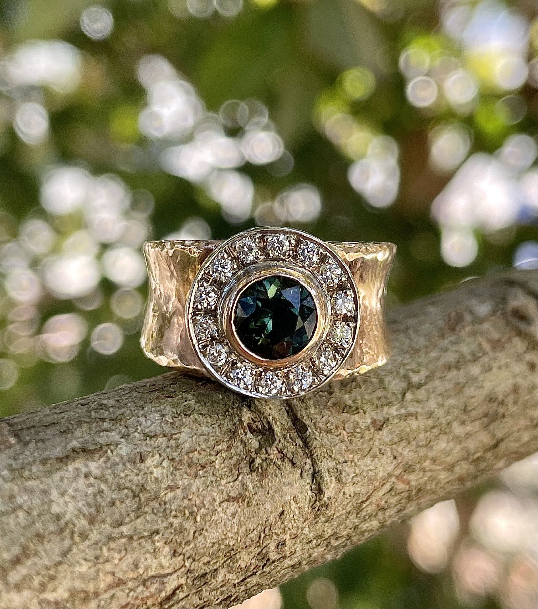 9ct Rose/White Gold Green Sapphire & Diamond 'Halo' Ring