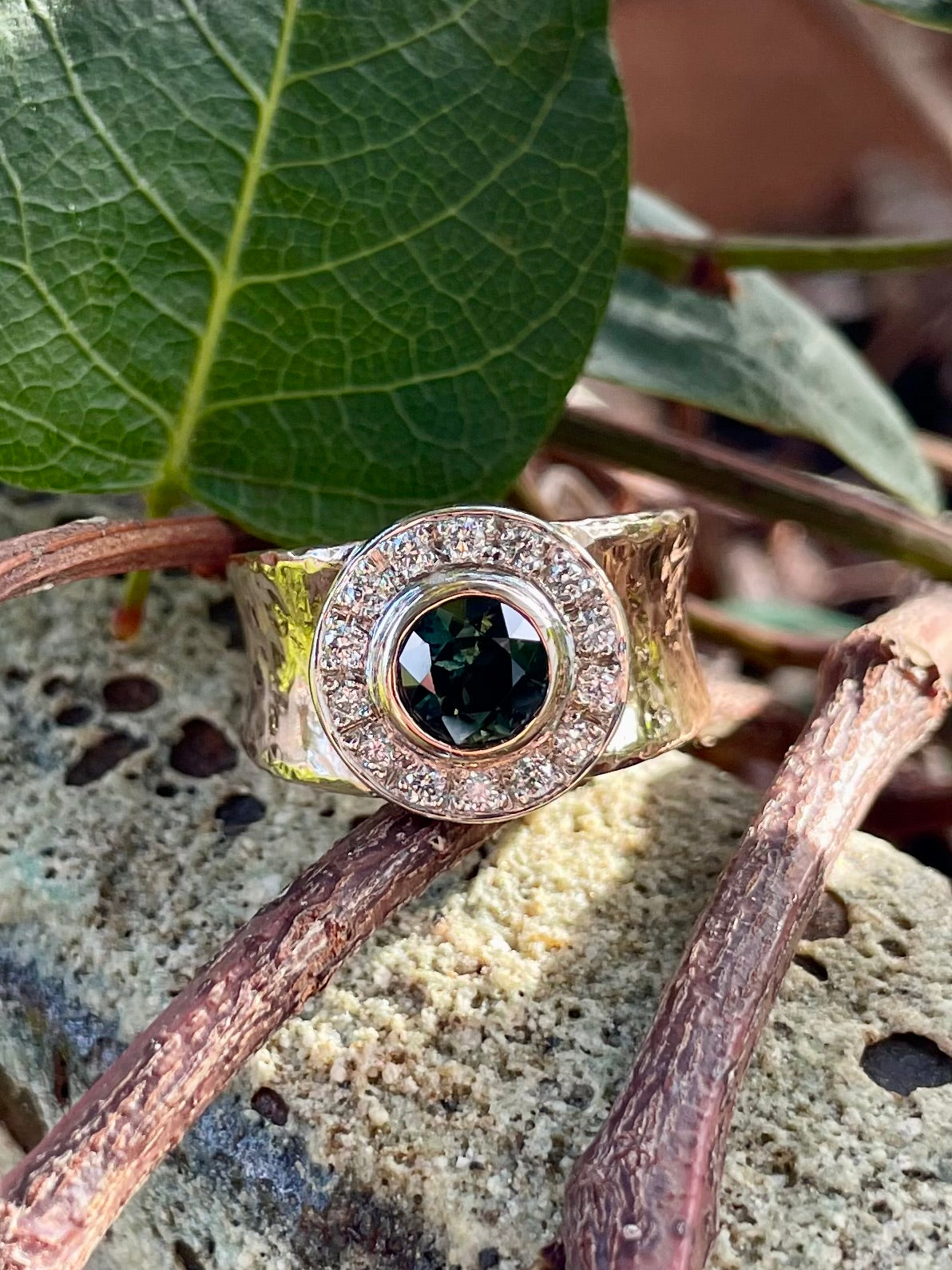 9ct Rose/White Gold Green Sapphire & Diamond 'Halo' Ring