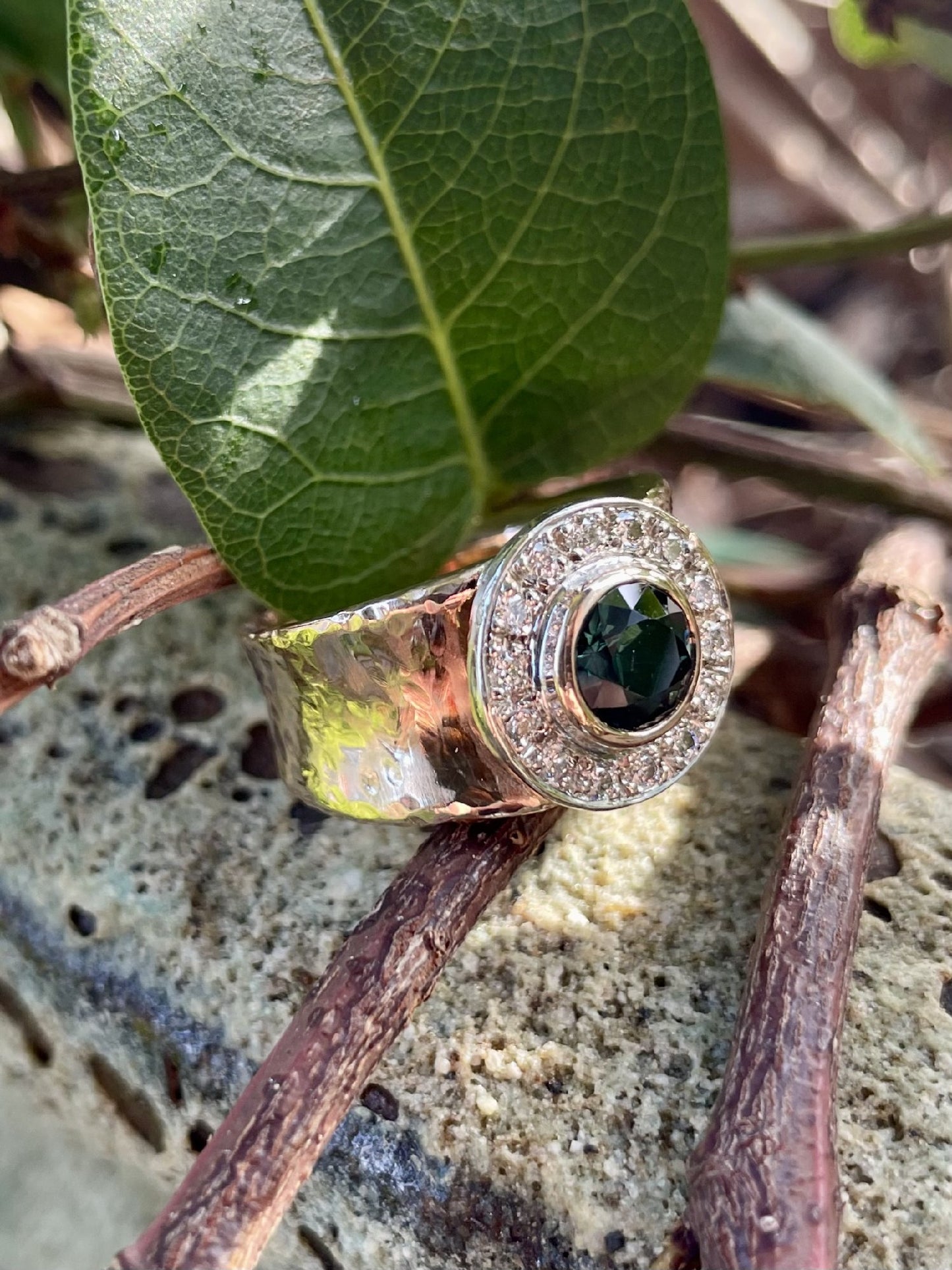 9ct Rose/White Gold Green Sapphire & Diamond 'Halo' Ring