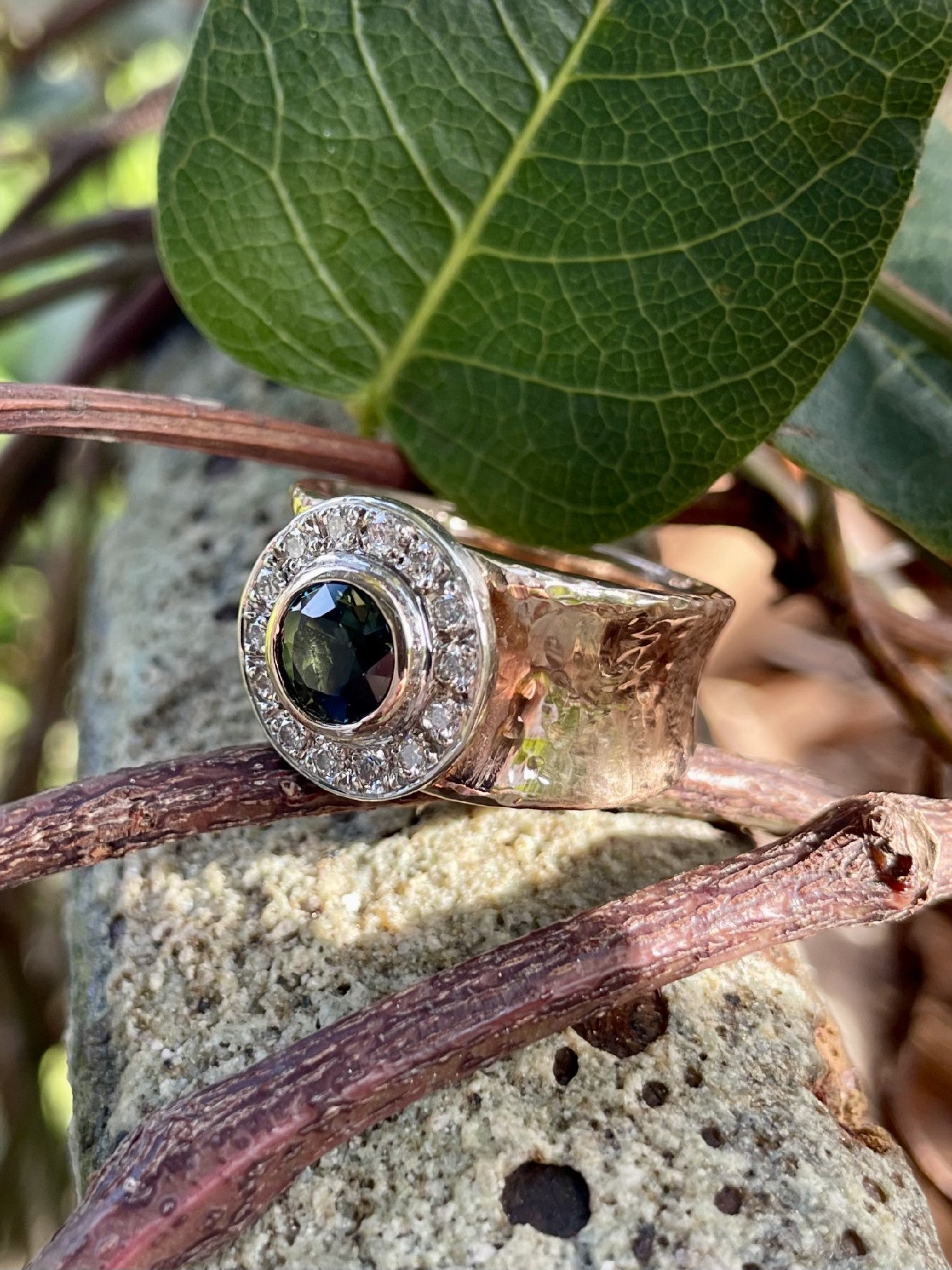 9ct Rose/White Gold Green Sapphire & Diamond 'Halo' Ring