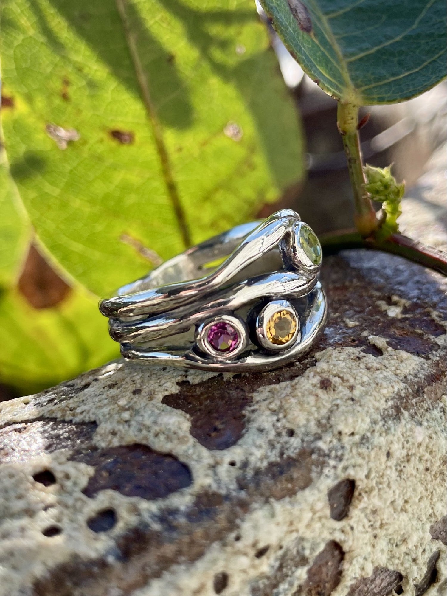 Sterling Silver Peridot Citrine & Rhodalite Garnet Wave Ring