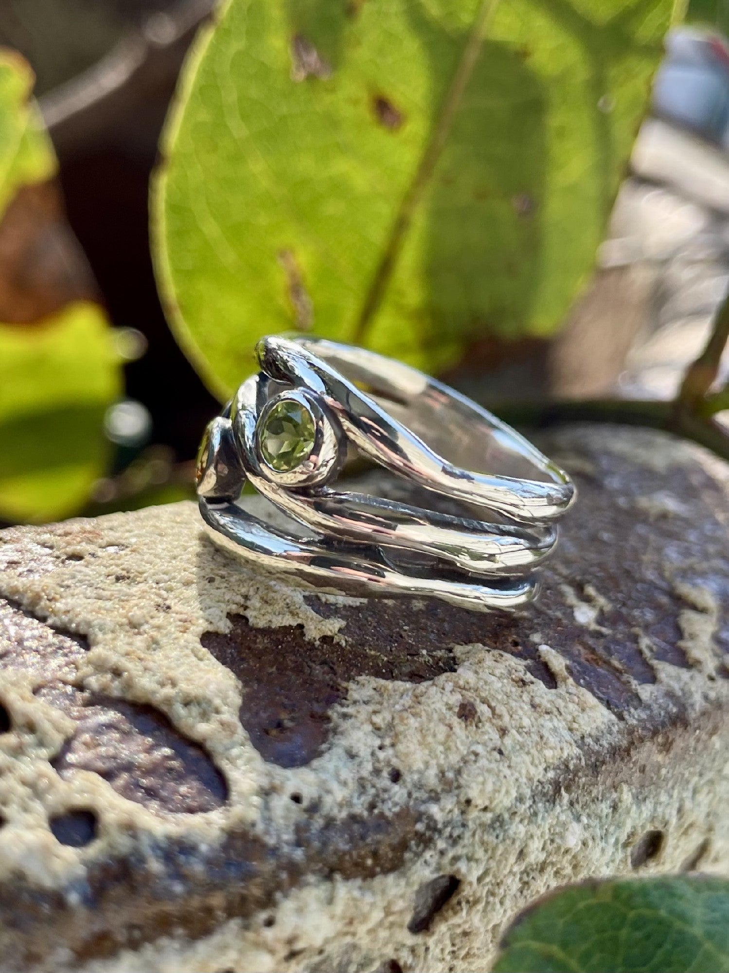 Sterling Silver Peridot Citrine & Rhodalite Garnet Wave Ring