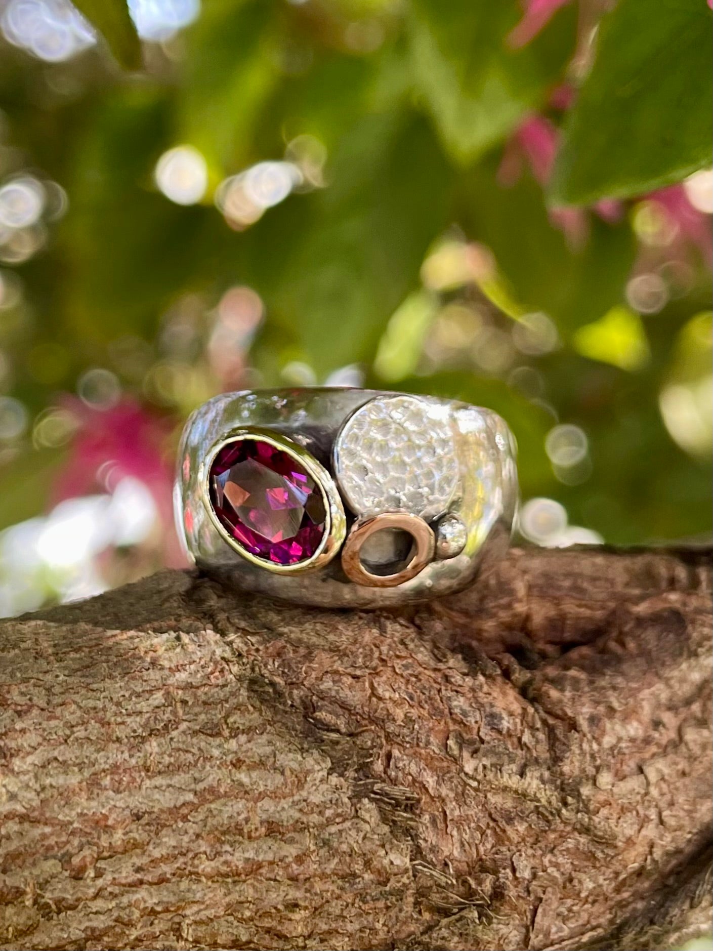 Sterling Silver & 9ct Rose/Yellow Gold Rhodolite Garnet 'Deco' Ring