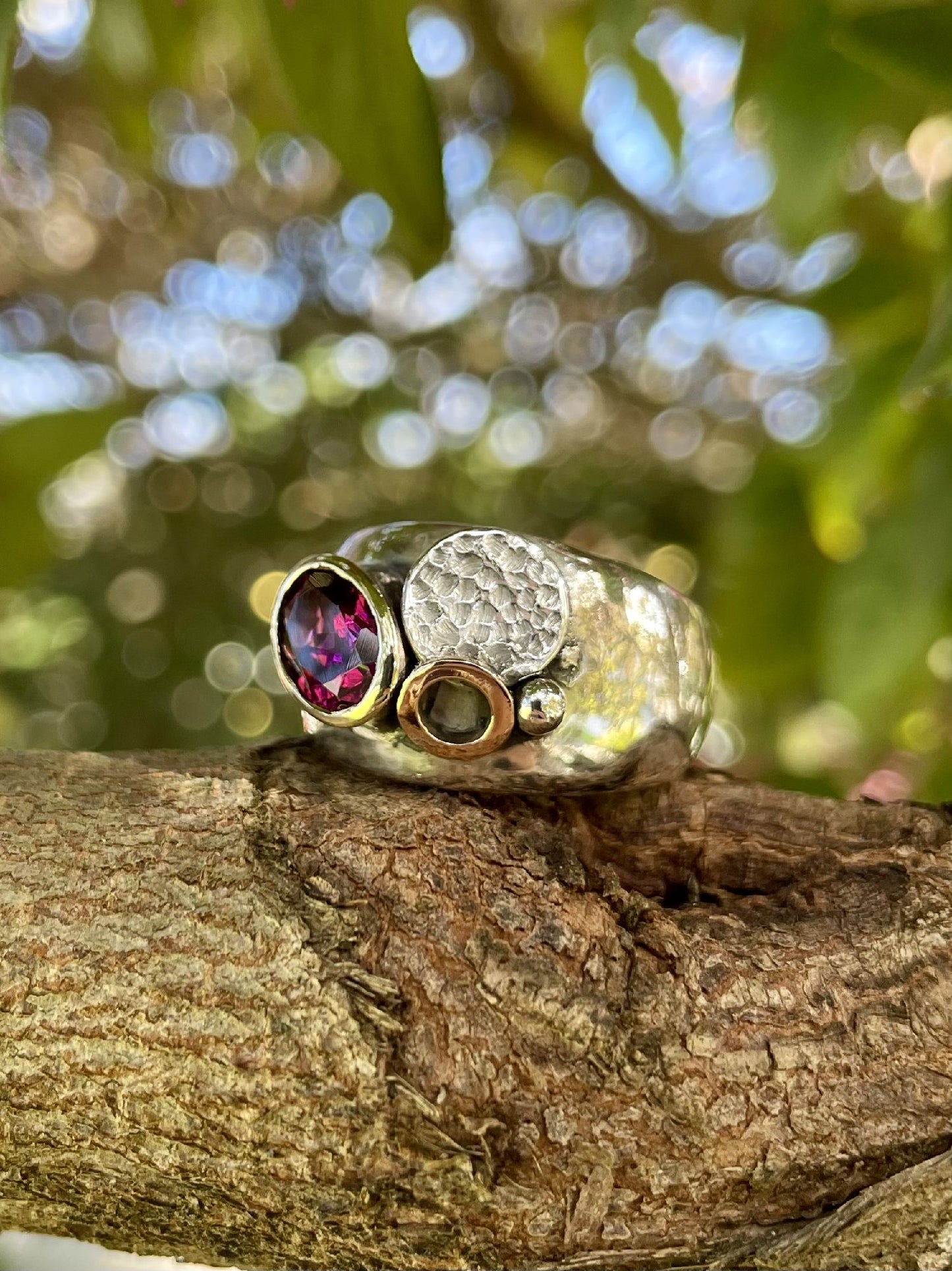 Sterling Silver & 9ct Rose/Yellow Gold Rhodolite Garnet 'Deco' Ring