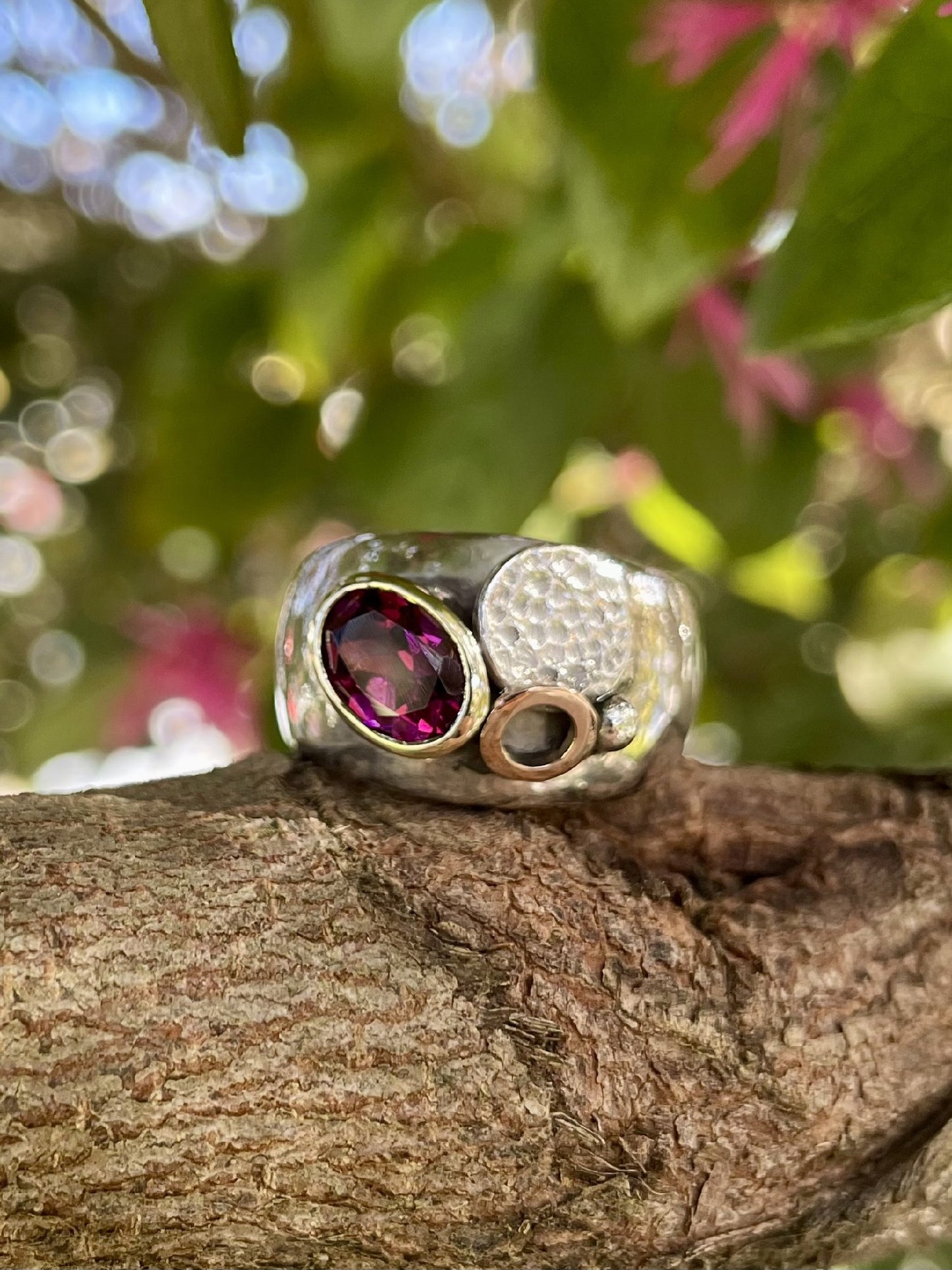 Sterling Silver & 9ct Rose/Yellow Gold Rhodolite Garnet 'Deco' Ring