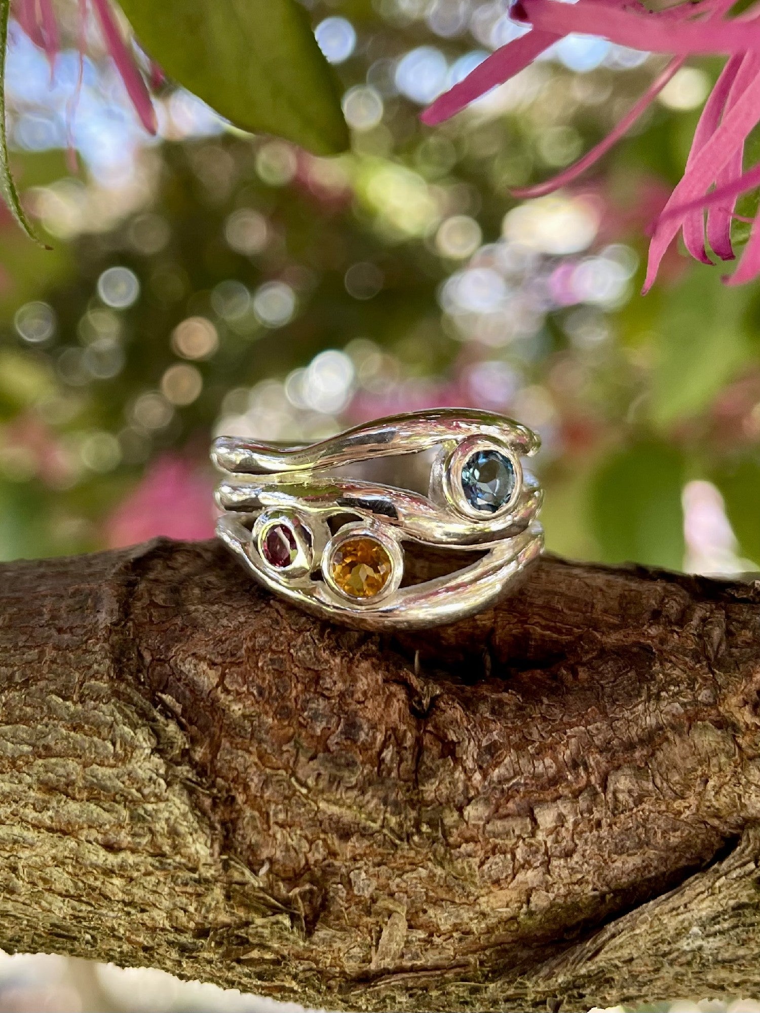 Sterling Silver London Blue Topaz, Citrine & Rhodolite Garnet Wave Ring