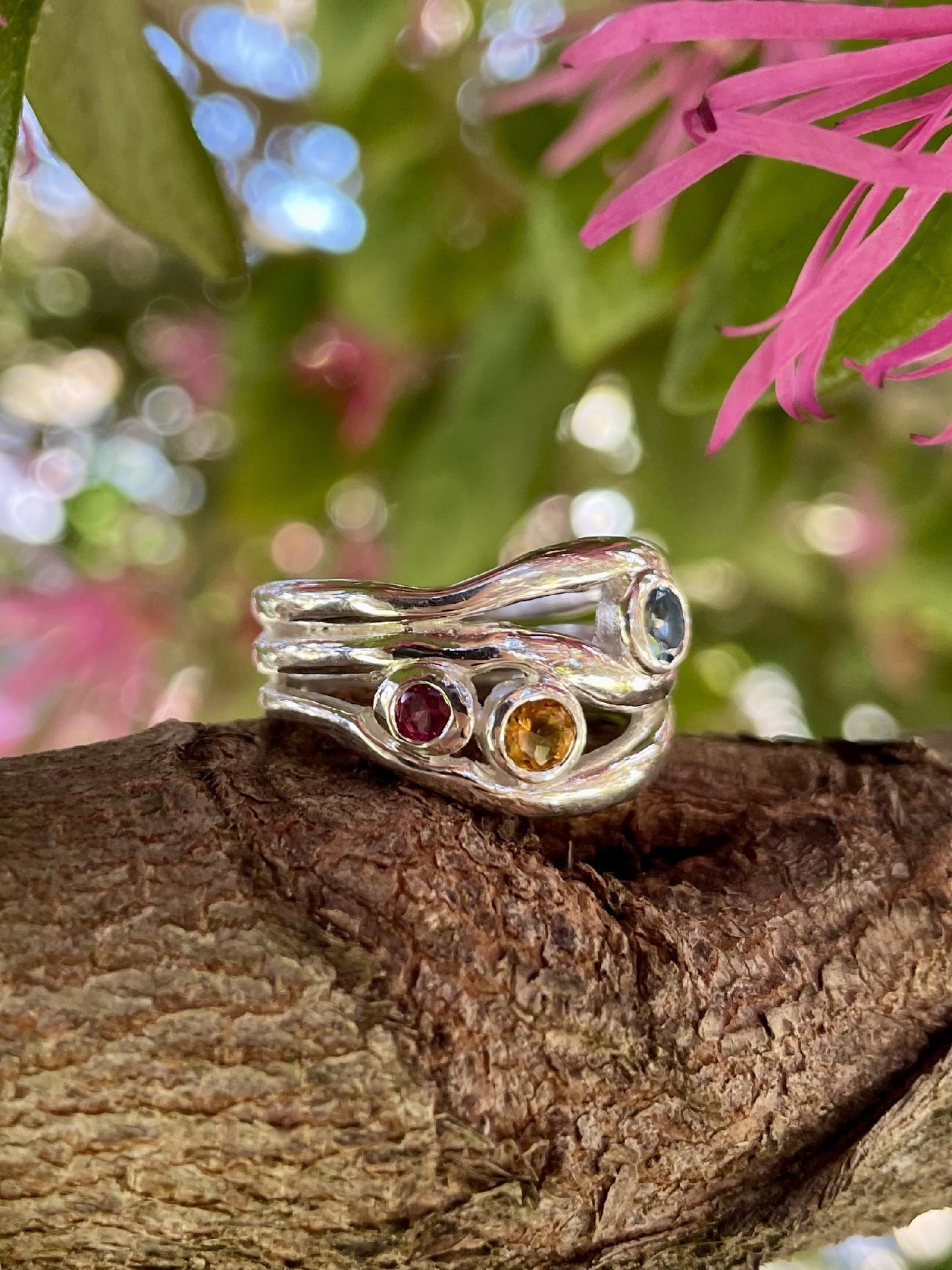 Sterling Silver London Blue Topaz, Citrine & Rhodolite Garnet Wave Ring