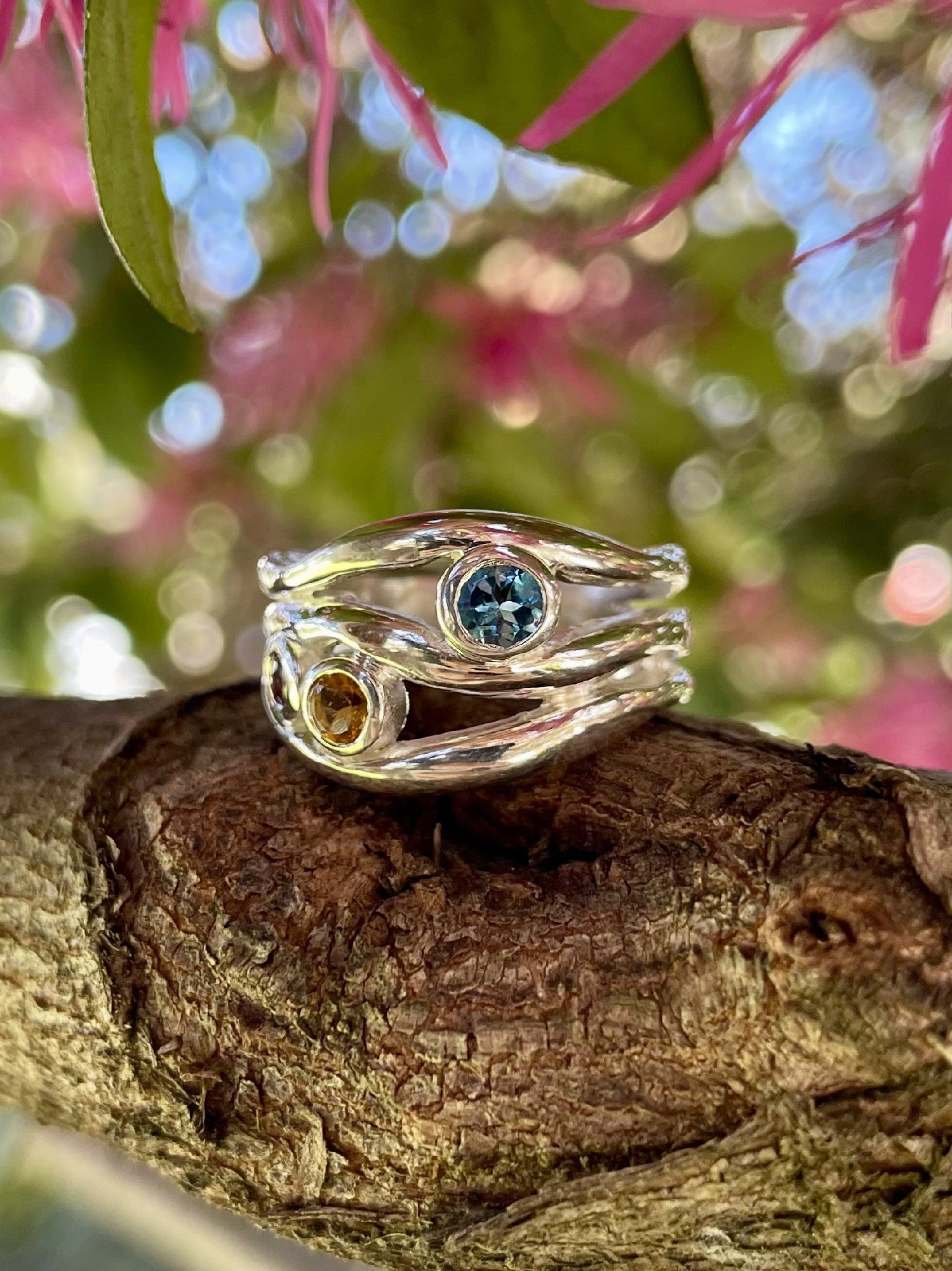 Sterling Silver London Blue Topaz, Citrine & Rhodolite Garnet Wave Ring