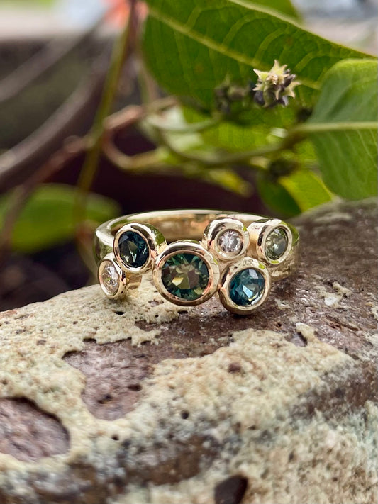 9ct Yellow Gold Green Teal Sapphire & Diamond 'Scatter' Ring