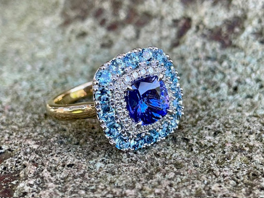 9YW Tanzanite 1.51ct, Aquamarine & Diamond Ring