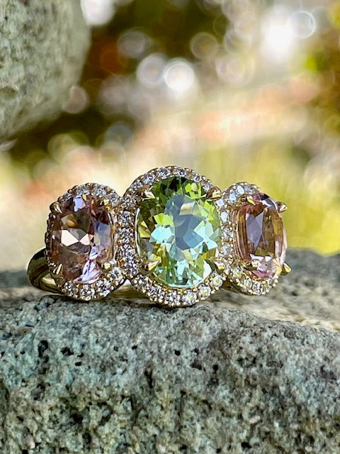 9Y Mint Tourmaline, PinkMorganite Diamond Ring