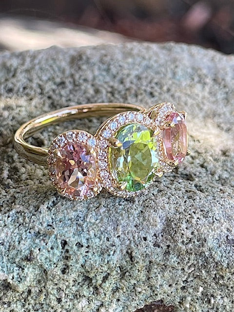 9Y Mint Tourmaline, PinkMorganite Diamond Ring