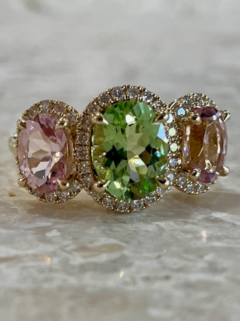 9Y Mint Tourmaline, PinkMorganite Diamond Ring