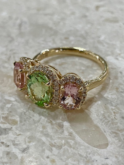 9Y Mint Tourmaline, PinkMorganite Diamond Ring