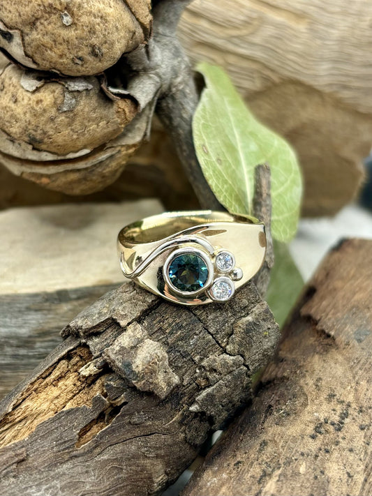 9Y Blue/Green Sapphire & Diamond Ring