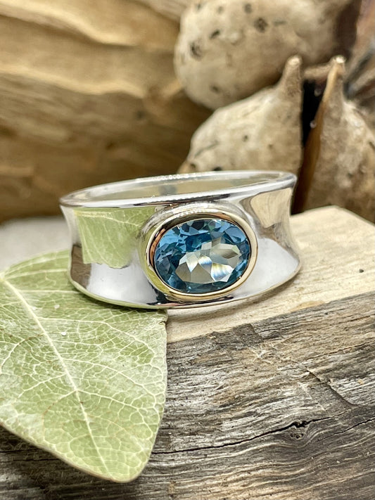 Sterling Silver & 9ct Yellow Gold Blue Topaz Ring