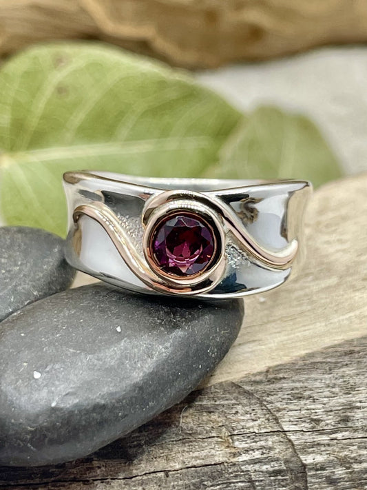 Sterling Silver & 9ct Rose Gold Rhodolite Garnet 'Swirl' Ring