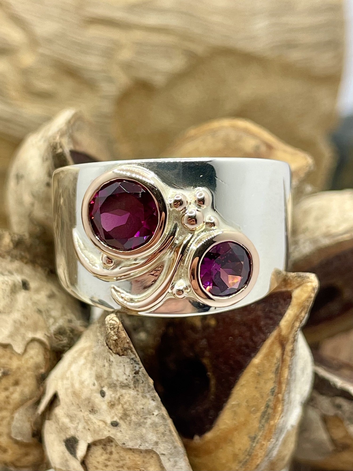 Sterling Silver & 9ct Rose Gold Rhodolite Garnet 'Deco' Ring