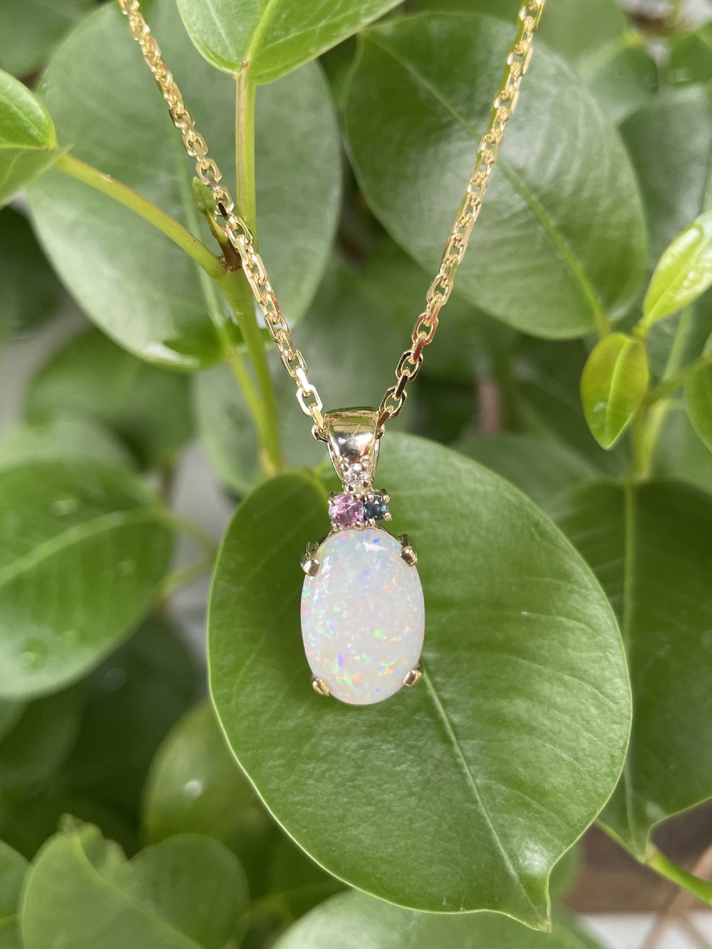 9ct Yellow Gold Opal, Pink Sapphire, Green Sapphire & Diamond Pendant