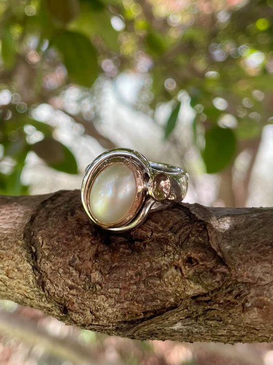 Sterling Silver & 9ct Rose Gold Mabe Pearl 'Deco' Ring