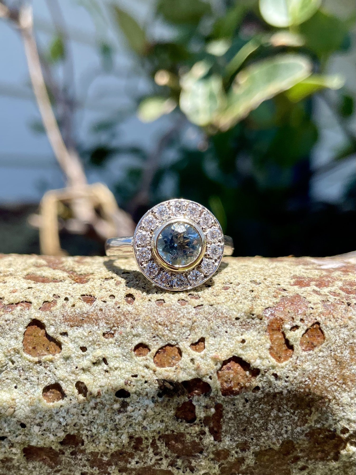 9ct White, Yellow, Rose Gold Aquamarine & Diamond ‘Halo’ Ring