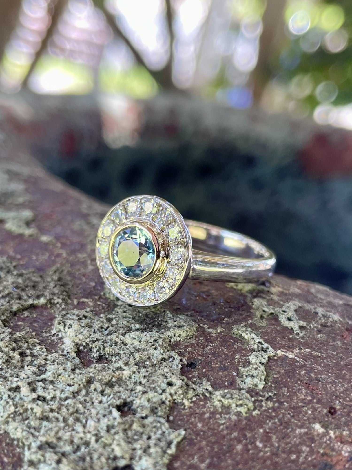 9ct White, Yellow, Rose Gold Aquamarine & Diamond ‘Halo’ Ring