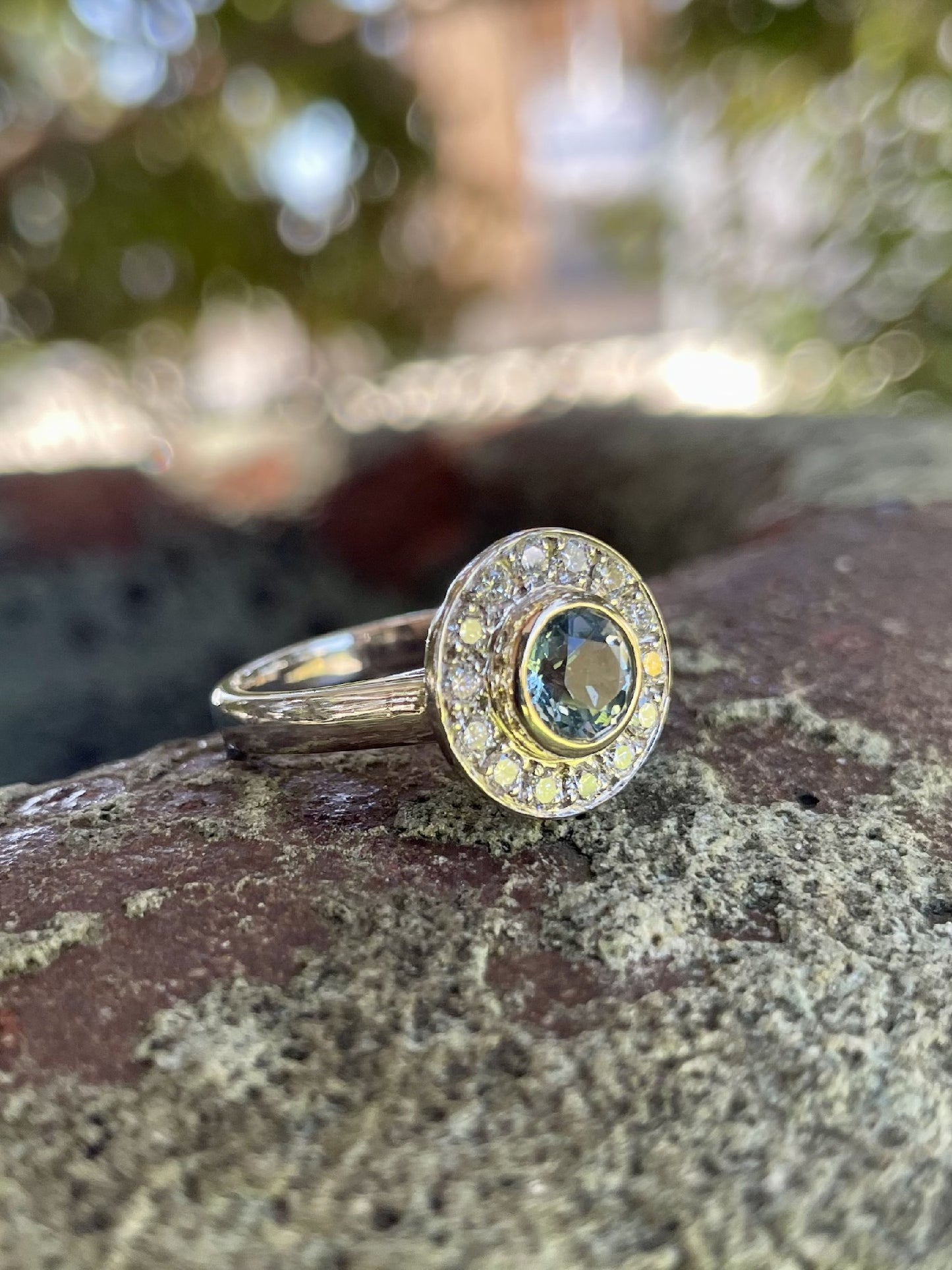 9ct White, Yellow, Rose Gold Aquamarine & Diamond ‘Halo’ Ring